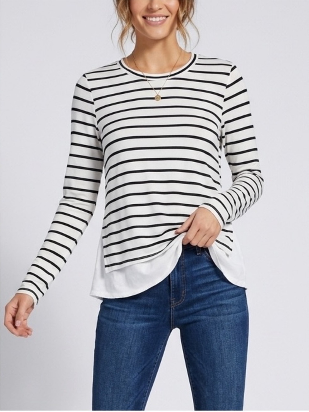 Generation Love White Navy Striped Layered Long Sleeve Tee Nautical Minimalist S